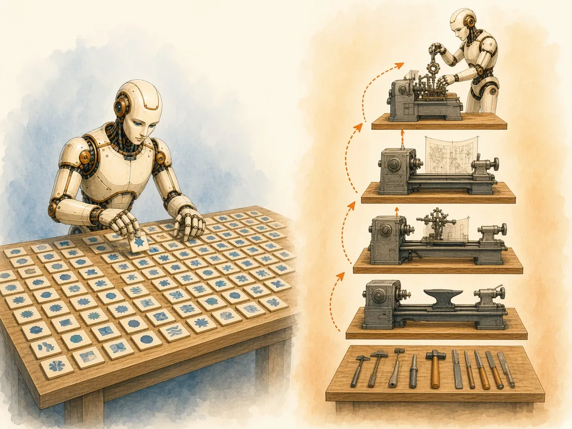 A robot works through a flat table of separate tiles beside a tower of workshops in which each level is built with the tools of the level below.