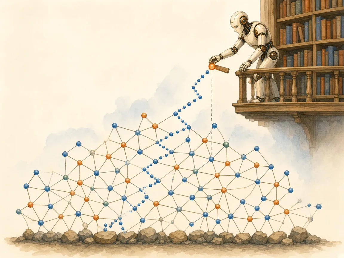 A robot on a library balcony adds a glowing node to the top of a network that grows from a bed of stones.