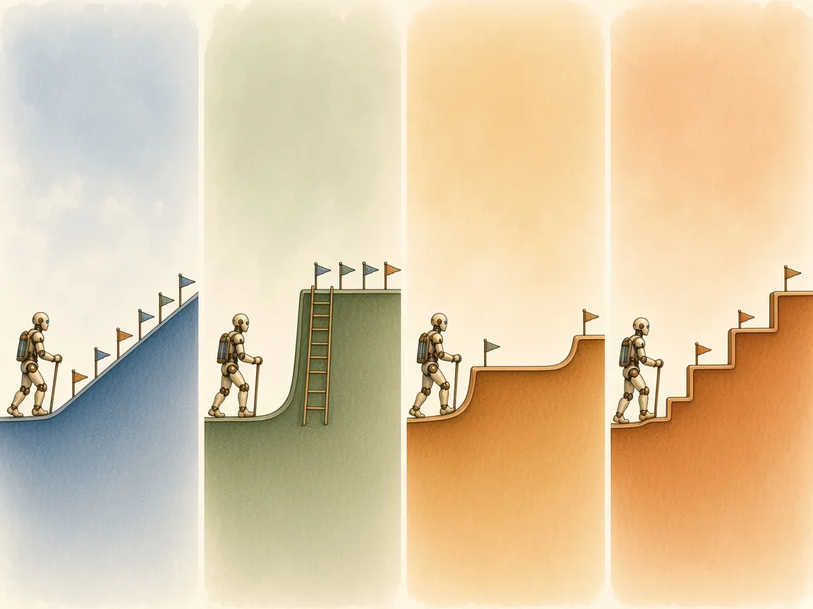 The same robot stands at the start of an even ramp, a single cliff, two rises around a plateau, and a staircase.