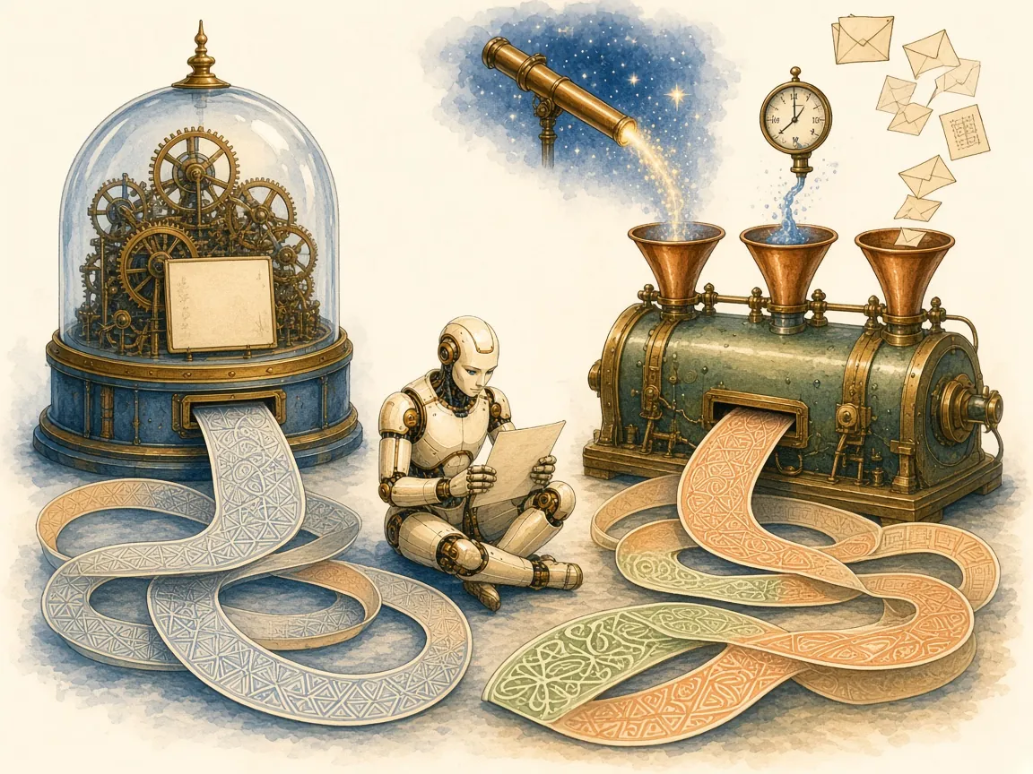 A sealed clockwork machine under a glass dome and an open machine fed by a telescope, a gauge, and letters, both printing patterned ribbons.