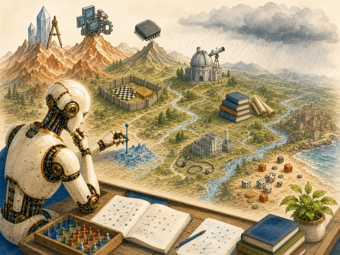 A robot places pins on a relief map with tall dry peaks on the left and rainy lowlands on the right, dotted with emblems of different domains.