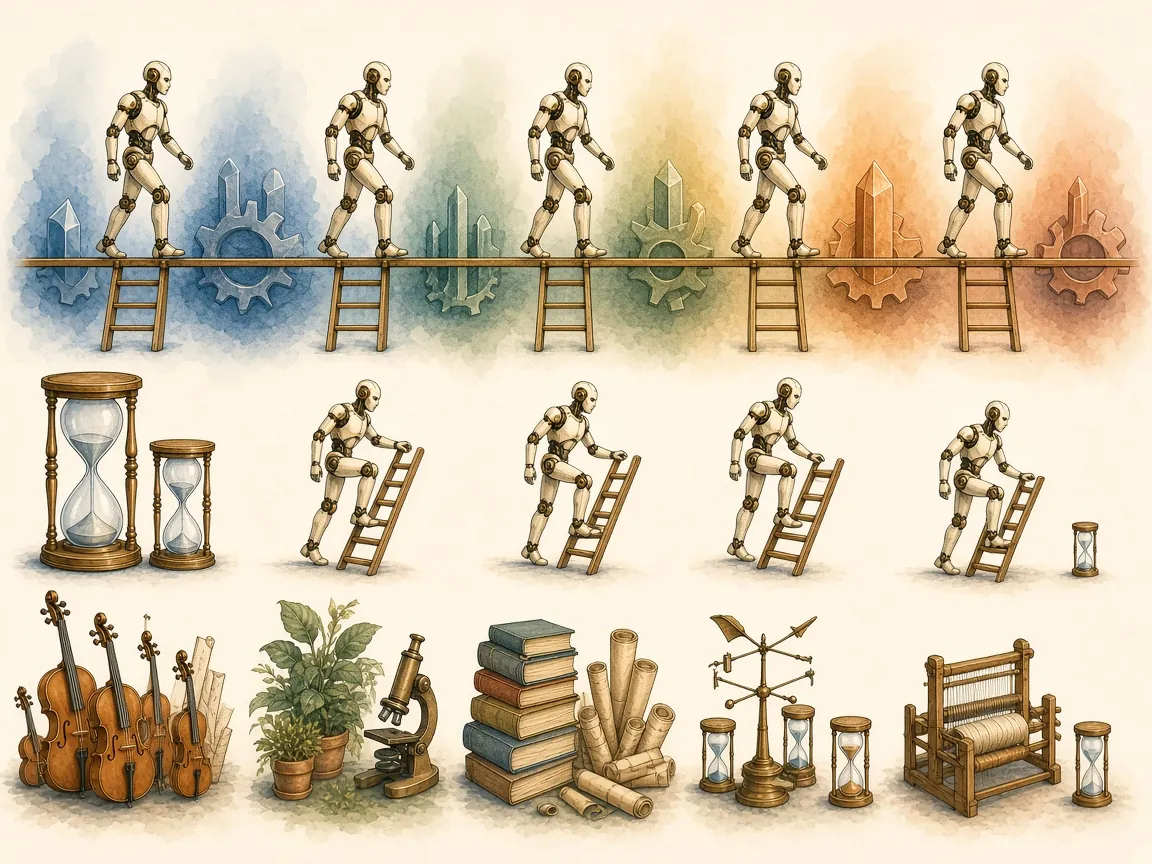 Five checkpoints of the same robot stand on a rail above crystals and gears, and copies climb down to learn new subjects beside hourglasses that shrink from left to right.