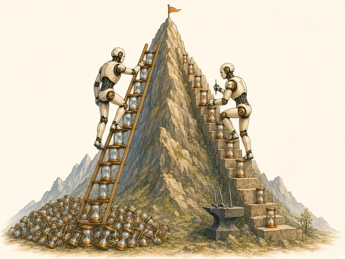 Two robots climb the same mountain, one on a ladder lined with equal hourglasses and one on a staircase it carves with tools from the step below.