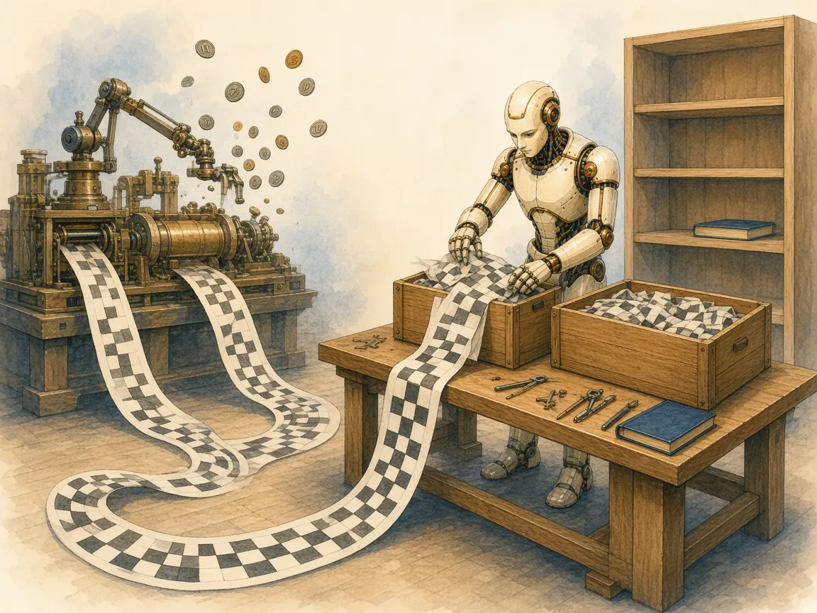 A coin-flipping machine prints an irregular ribbon of black and white squares, which a robot folds into crates beside an almost empty bookshelf.