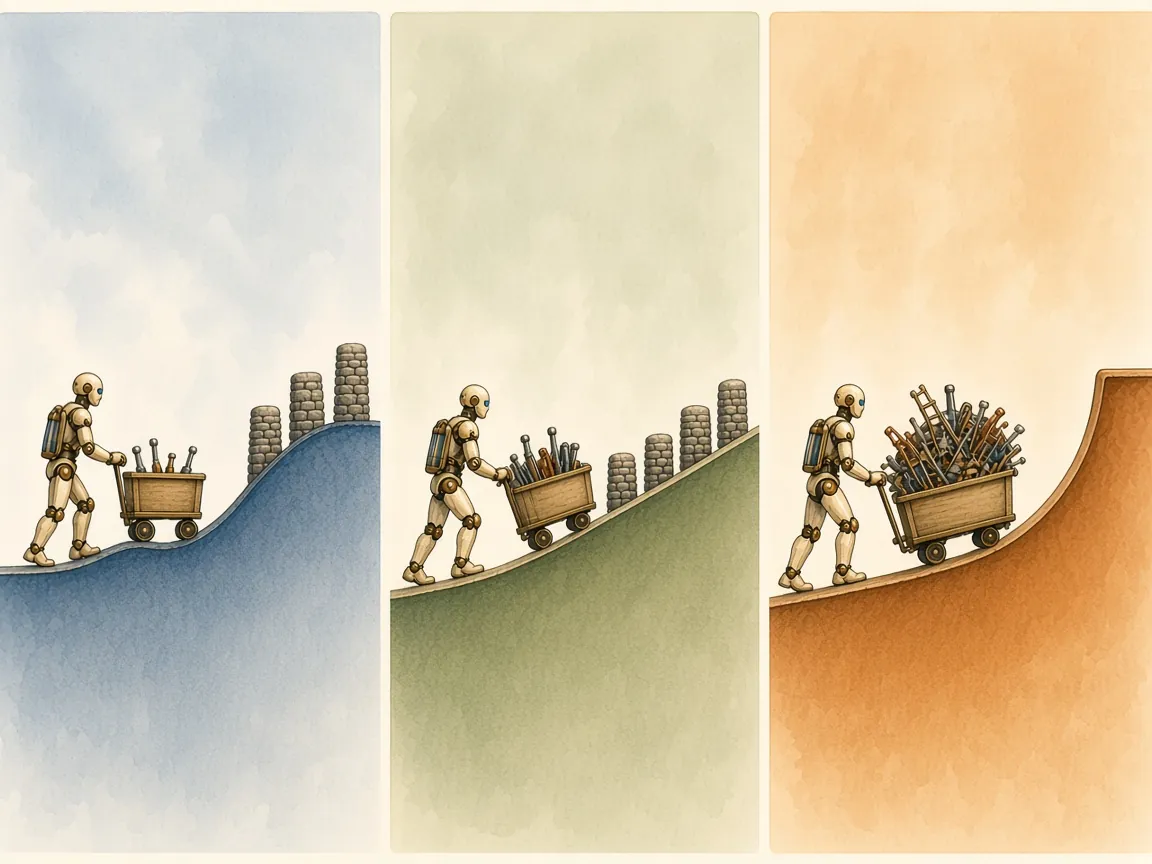 Three robots push carts of tools up a hill that flattens behind ever taller towers, a straight hill, and a hill that curves upward.