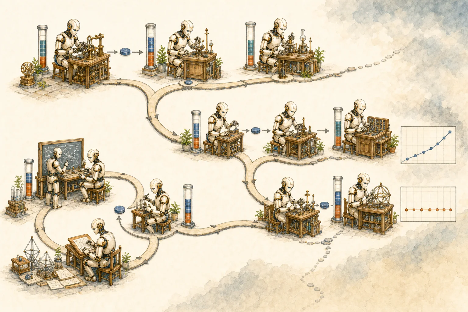 Early accounts describe forking lineages of self-modification: some compound, some flatline.